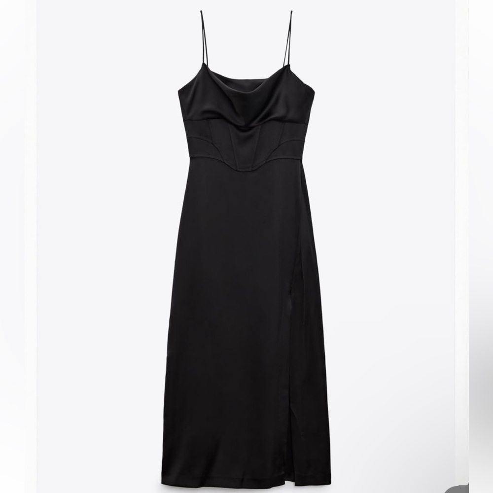 Black satin lingerie-style midi dress from Zara. Size Medium. New with tags!